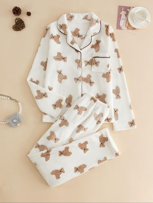 2- Piece Set Women's Bear Print Collar Top & Pants Pajama Set - Smarty Pick Deals