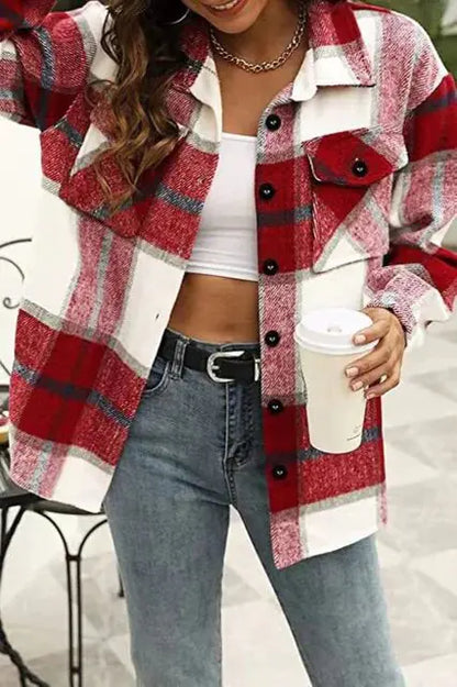 Casual Plaid Button Down Long Sleeve Woolen Shirt Vintage Elegant Fashion - Smarty Pick Deals