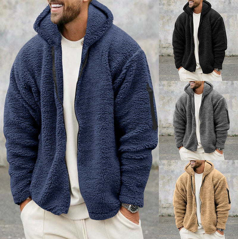 Plush Hooded Jacket Men's Autumn And Winter Fleece Double-sided Wear Warm Coat With Zipper Loose Casual Jacket Outdoor Clothing - Smarty Pick Deals