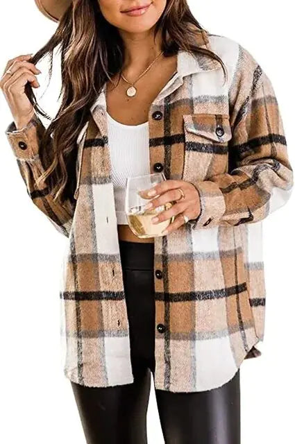 Casual Plaid Button Down Long Sleeve Woolen Shirt Vintage Elegant Fashion - Smarty Pick Deals