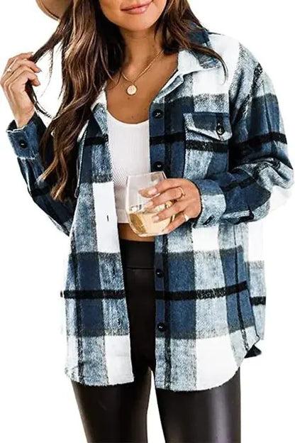 Casual Plaid Button Down Long Sleeve Woolen Shirt Vintage Elegant Fashion - Smarty Pick Deals