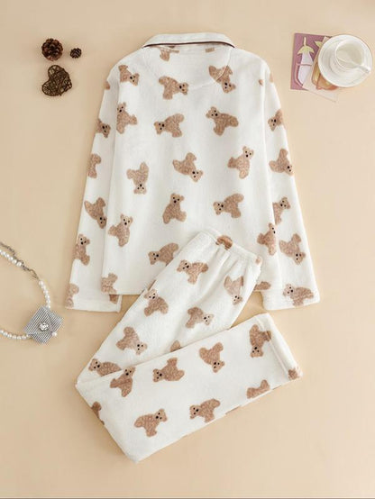 2- Piece Set Women's Bear Print Collar Top & Pants Pajama Set - Smarty Pick Deals