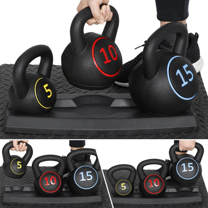 3-Piece Kettlebell Set with Storage Rack Home Gym Exercise Fitness Weights - Smarty Pick Deals