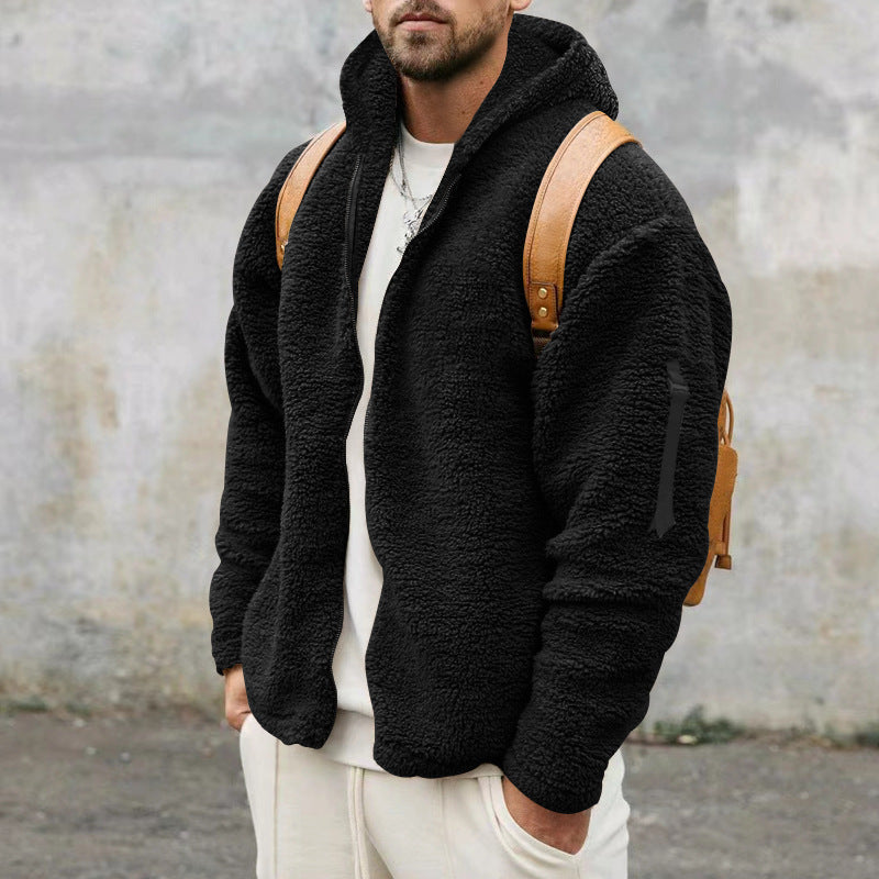 Plush Hooded Jacket Men's Autumn And Winter Fleece Double-sided Wear Warm Coat With Zipper Loose Casual Jacket Outdoor Clothing - Smarty Pick Deals