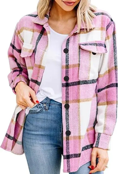 Casual Plaid Button Down Long Sleeve Woolen Shirt Vintage Elegant Fashion - Smarty Pick Deals