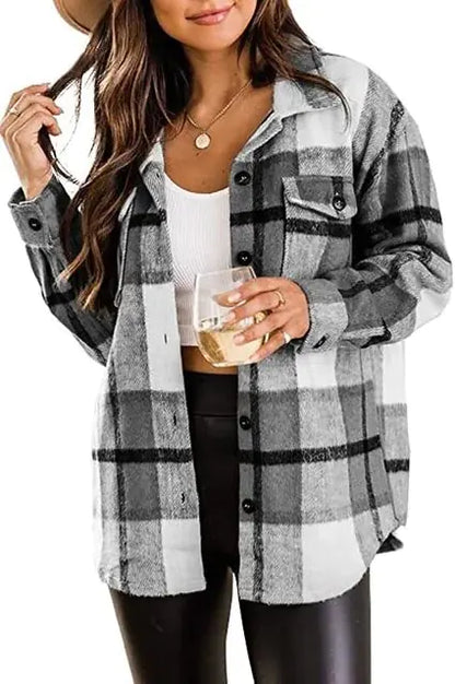 Casual Plaid Button Down Long Sleeve Woolen Shirt Vintage Elegant Fashion - Smarty Pick Deals