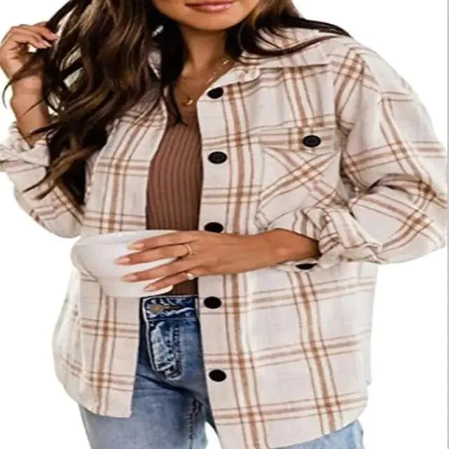 Casual Plaid Button Down Long Sleeve Woolen Shirt Vintage Elegant Fashion - Smarty Pick Deals