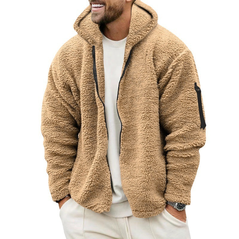 Plush Hooded Jacket Men's Autumn And Winter Fleece Double-sided Wear Warm Coat With Zipper Loose Casual Jacket Outdoor Clothing - Smarty Pick Deals