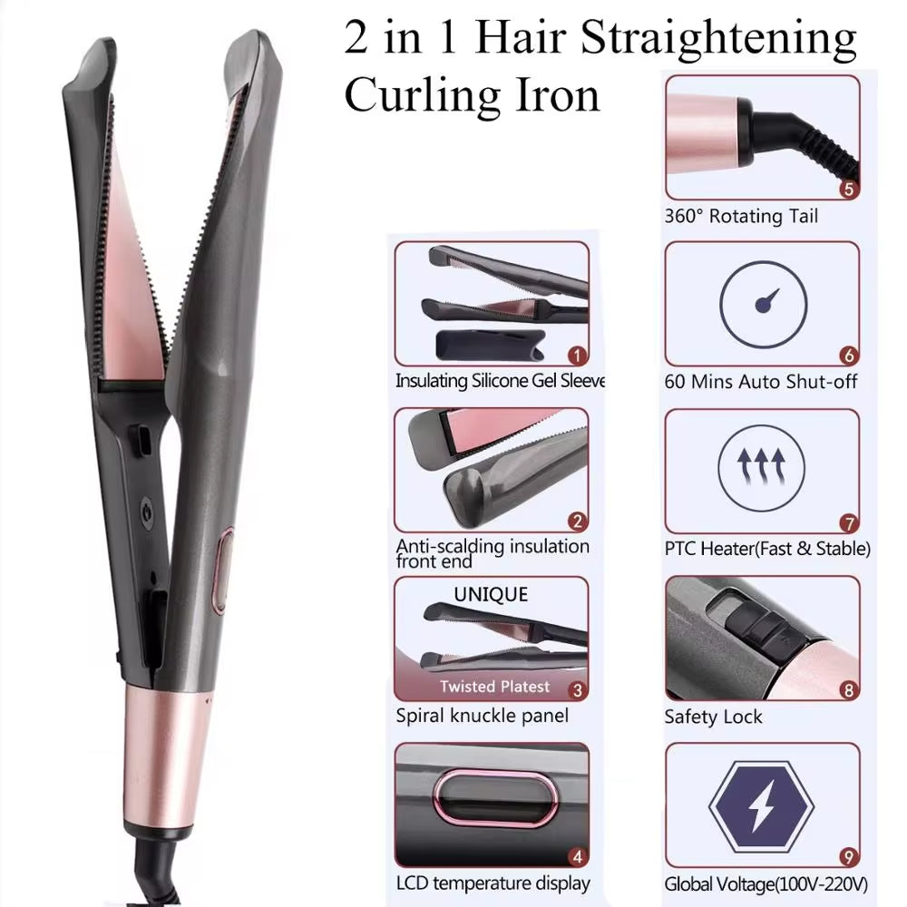 2 in 1 Hair Straightener and Curler Twist Straightening Curling Iron Professional Negative Ion Fast Heating Styling Flat Iron - Smarty Pick Deals