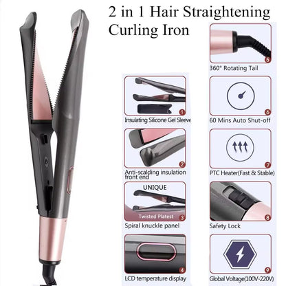 2 in 1 Hair Straightener and Curler Twist Straightening Curling Iron Professional Negative Ion Fast Heating Styling Flat Iron - Smarty Pick Deals